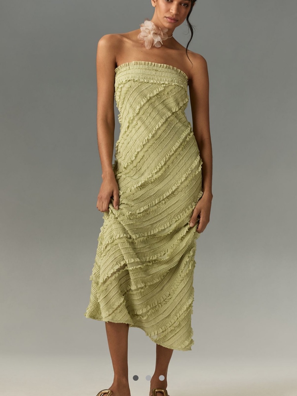 Anthropologie Endless Rose Strapless Textured Column Midi Dress in Sage Green